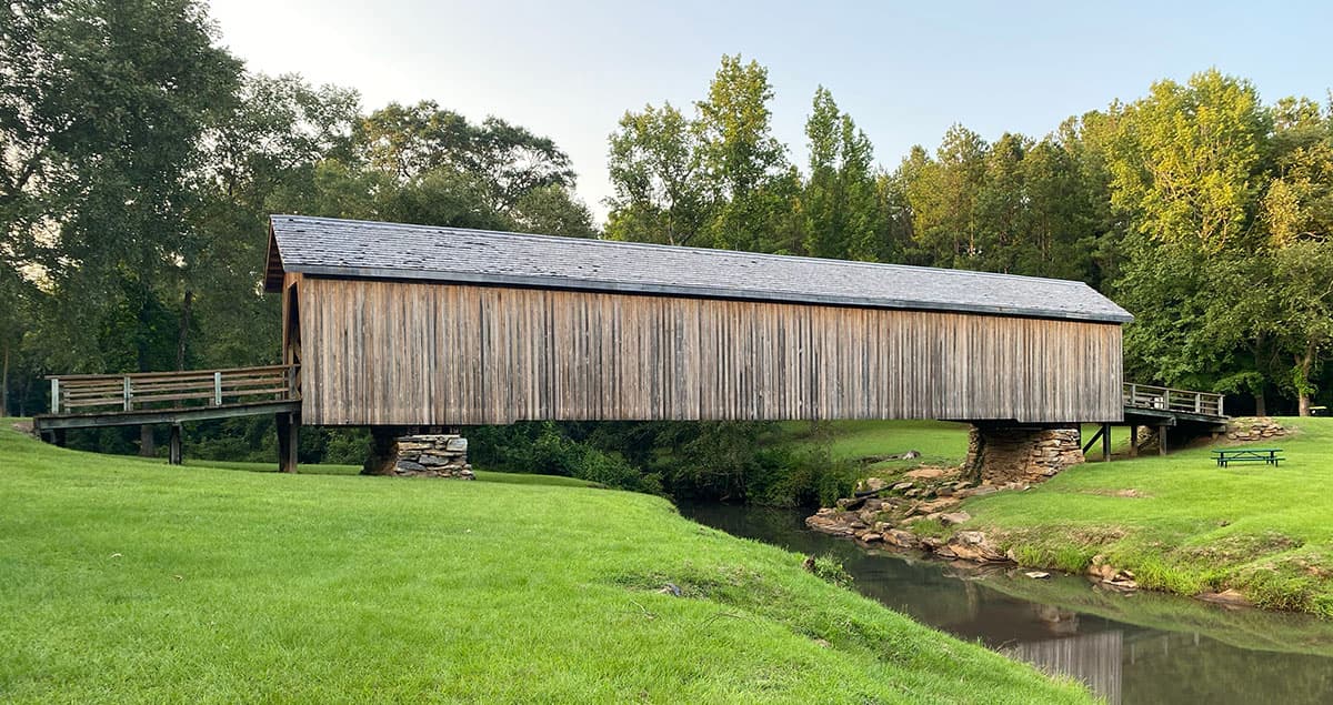 Full view of the Auchumpkee covered bridge in Upson County, Georgia.