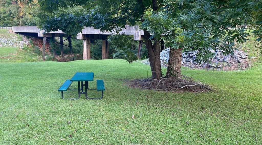 One of two picnic tables at the covered bridge location.