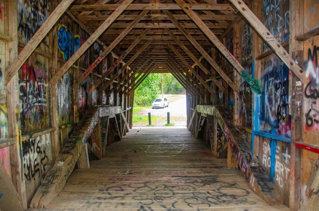 Grafitti inside the covered bridge.