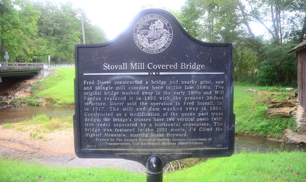 Historic sign marker for the Stovall Mill Covered Bridge.