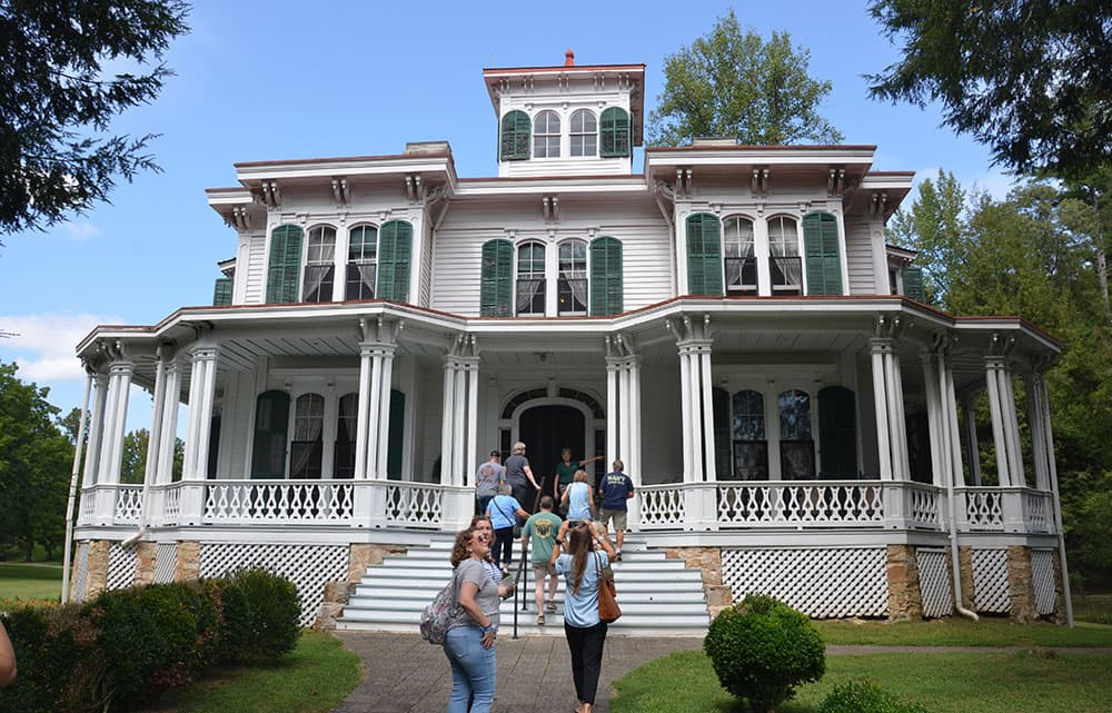 A closeup view of the front of the mansion.