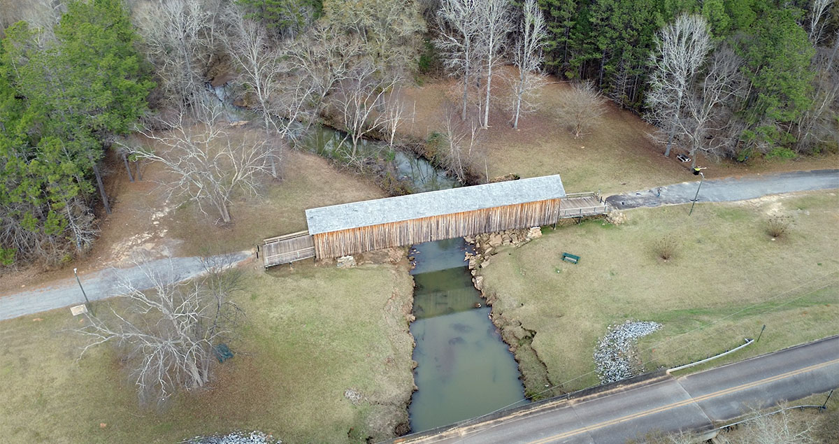 Aerial view of the Auchumpkee covered bridge in Upson County, Georgia.