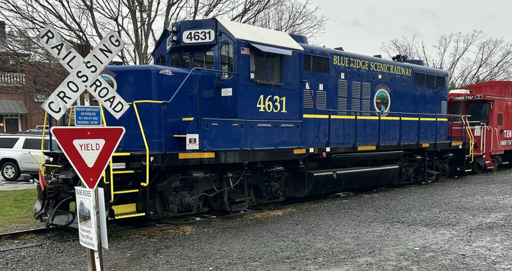 A blue locomotive that powers the Blue Ridge Scenic Railway train.