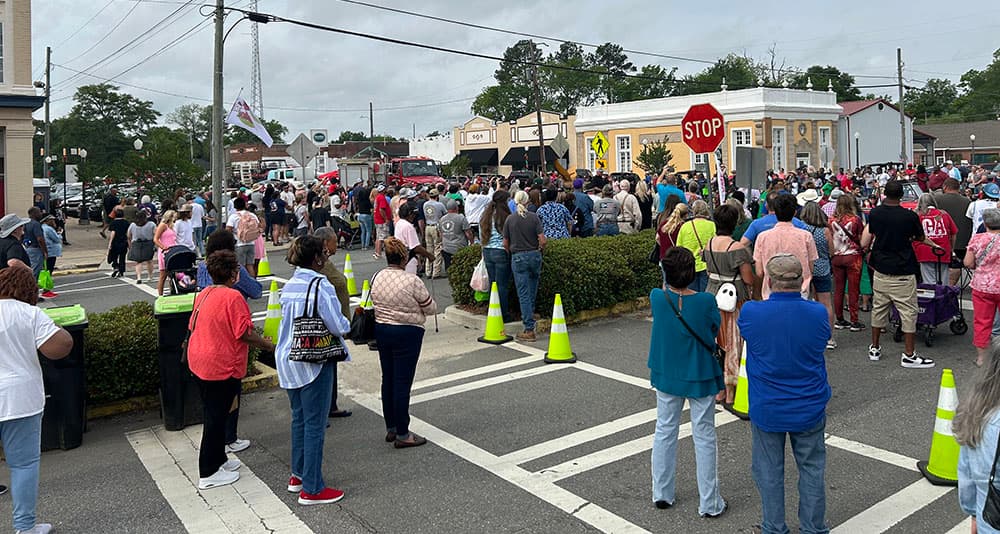 A crowd of people lined up on the street to watch the Strawberry Festival parade.